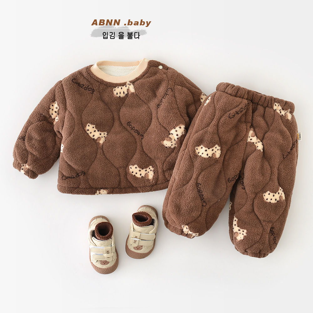 婴儿加绒加厚法兰绒两件套保暖