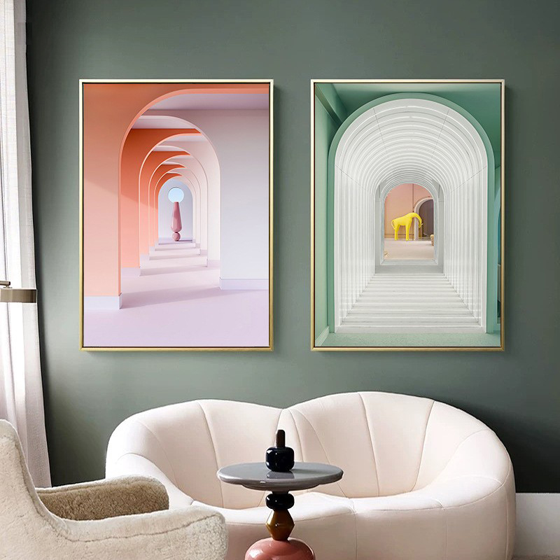 梦幻风景延伸装饰画北欧现代轻奢莫兰迪建筑客厅挂画玄关餐厅壁画图片