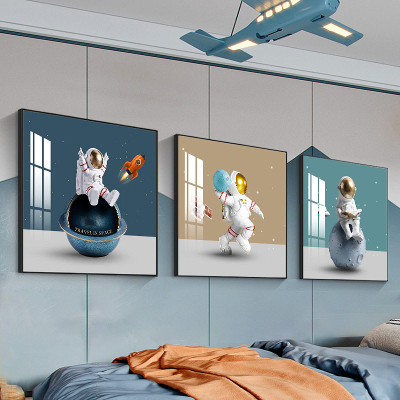 星际儿童房卧室装饰画现代简约星空宇航员男孩子房间卡通书房壁画