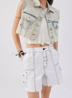 BDG&UO—紫色白色双色松紧带设计无弹力高腰偏大五分裤