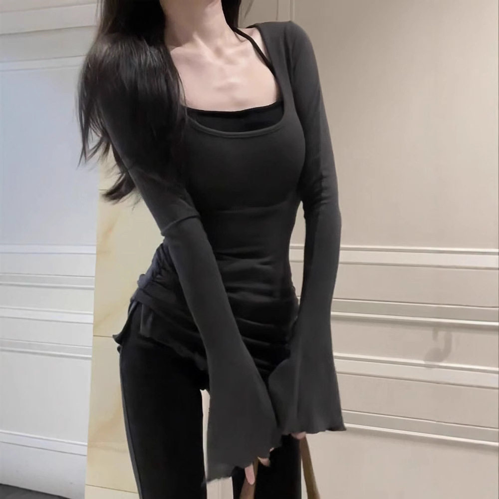 纯欲辣妹方领长袖t恤女秋季中长T恤