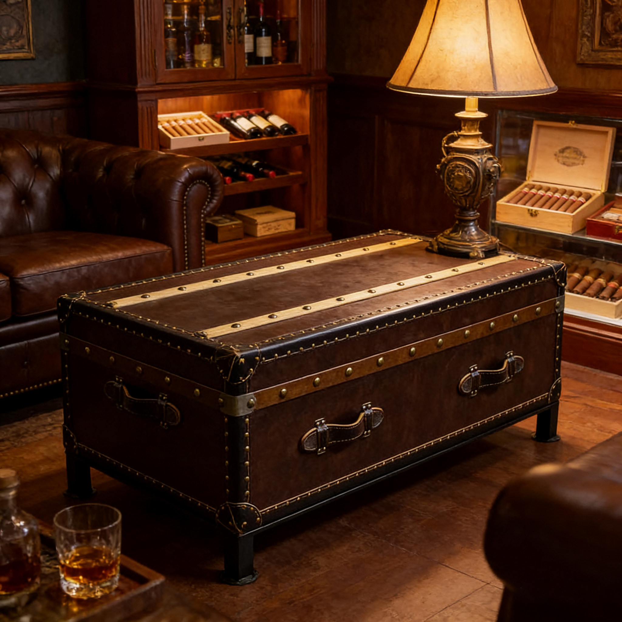 中古风做旧实木多层板储物收纳柜美式复古皮箱茶几雪茄吧客厅家具