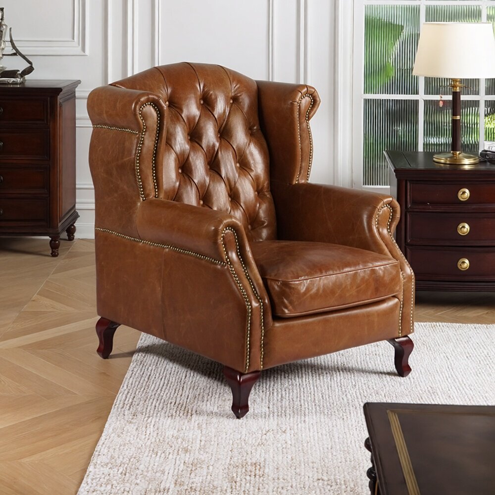 中古风真皮单人沙发椅高端实木框架客厅书房轻奢复古休闲拉扣单椅