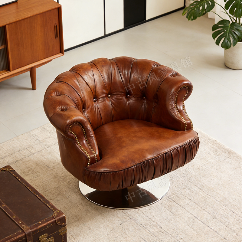美式复古真皮单人沙发椅轻奢油蜡皮做旧铆钉装饰客厅休闲椅别墅房