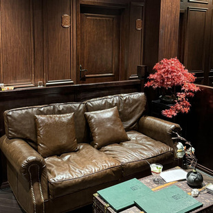 中古风复古真皮沙发客厅经典做旧设计师沙发中古风巴顿沙发三人位