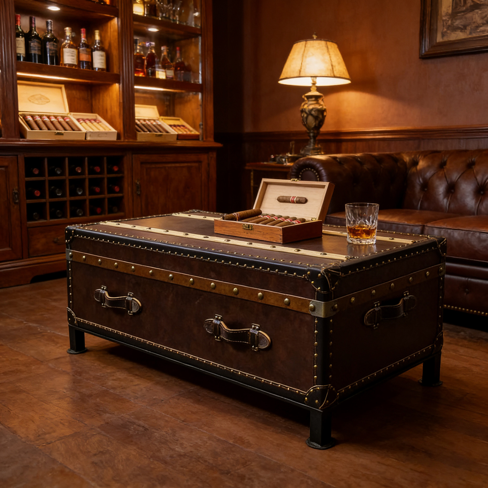 美式复古皮箱茶几中古风做旧实木多层板储物收纳柜雪茄吧客厅家具