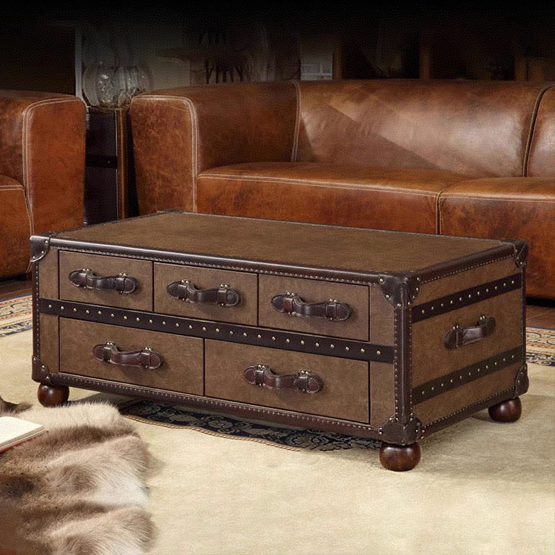 中古风皮箱茶几设计师抽屉箱美式乡村经典做旧茶几箱雪茄吧油蜡皮