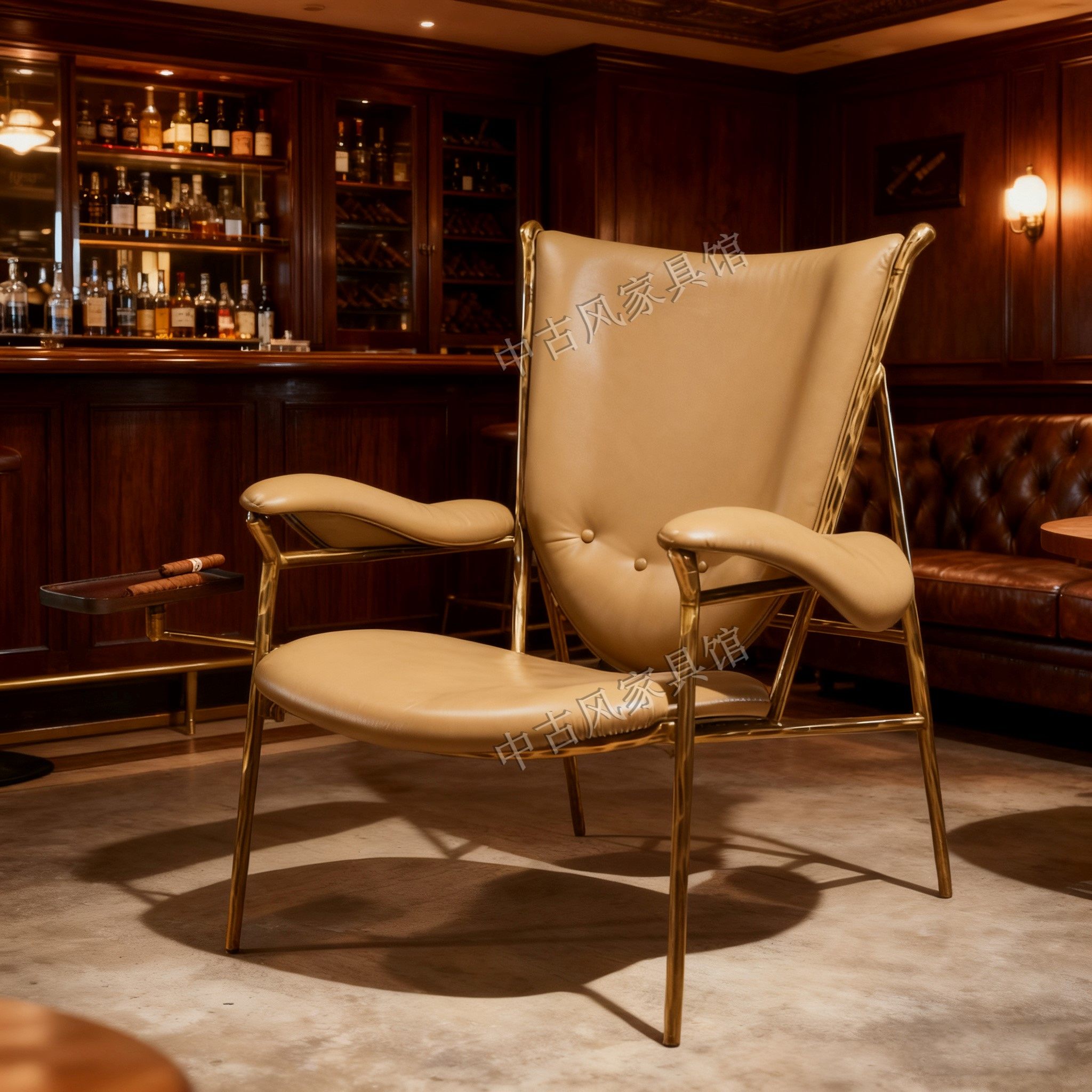 中古风油蜡皮金属架单人沙发椅