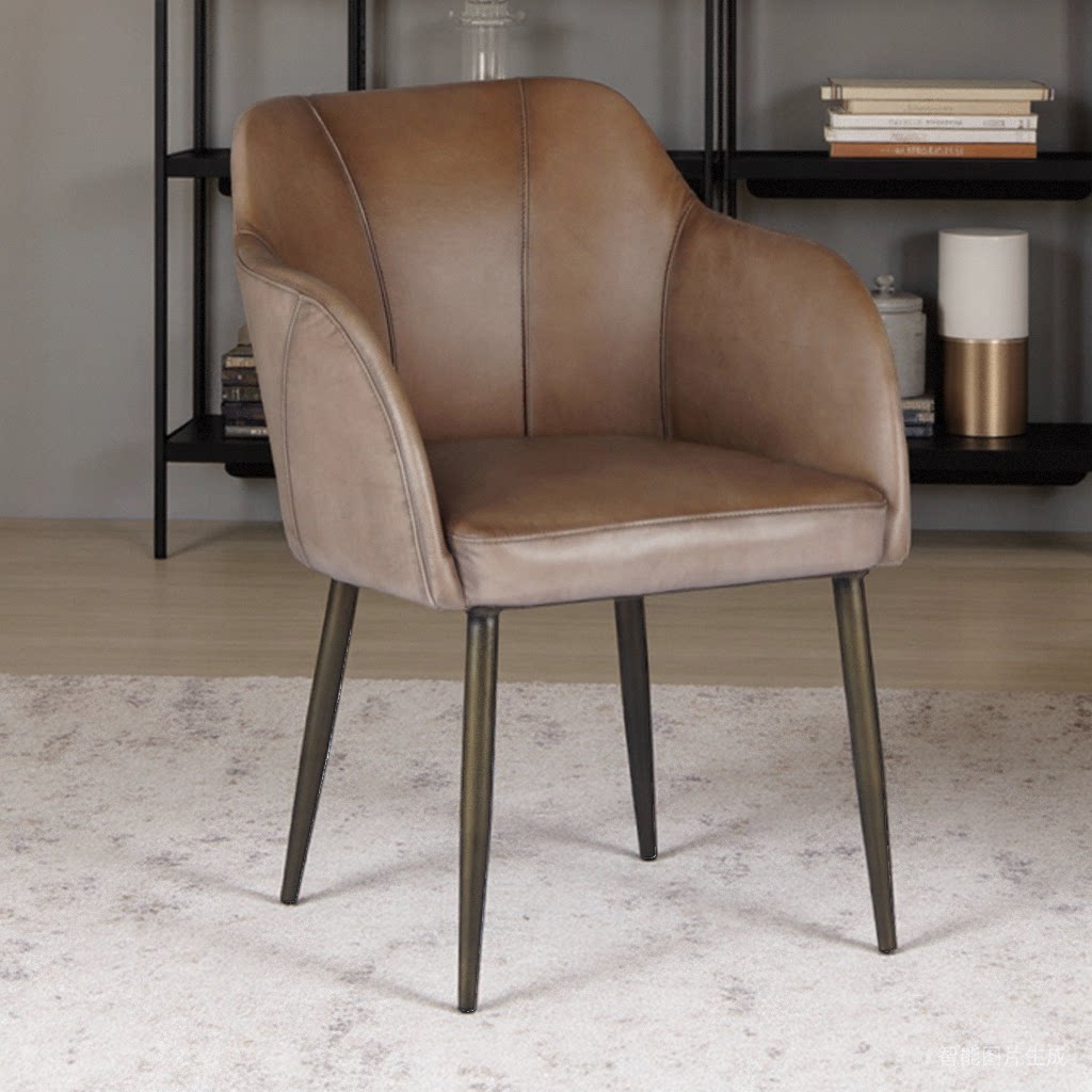 简约餐厅皮质单人沙发椅金属腿弧形扶手椅现代客厅椅家用阳台书房