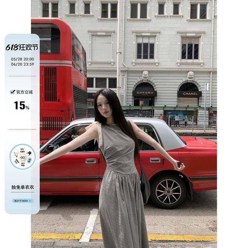 neurcz 黑白格子收腰绑带蕾丝拼接连衣裙女夏季收腰褶皱显瘦长裙