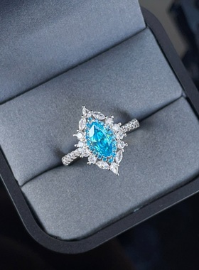 s925纯银海蓝宝2克拉马眼戒指