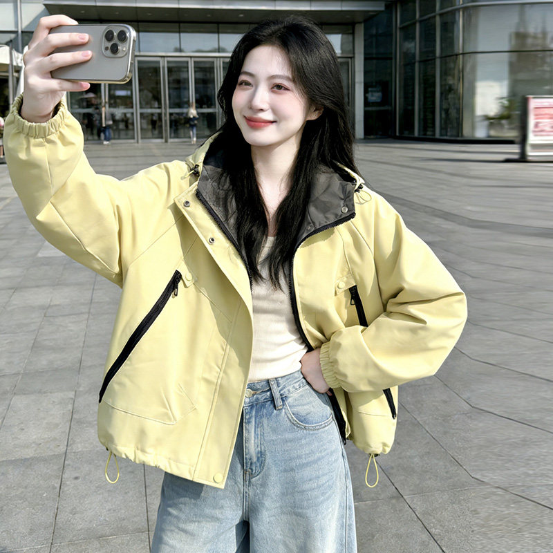 实拍冲锋衣外套女春秋新款宽松百搭连帽长袖上衣韩版休闲夹克