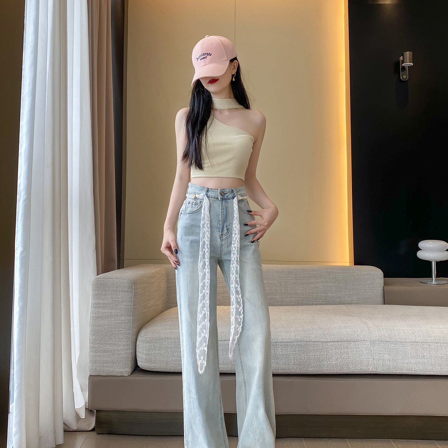 2025早春新款牛仔裤 宽松休闲高腰直筒裤 弹力长裤