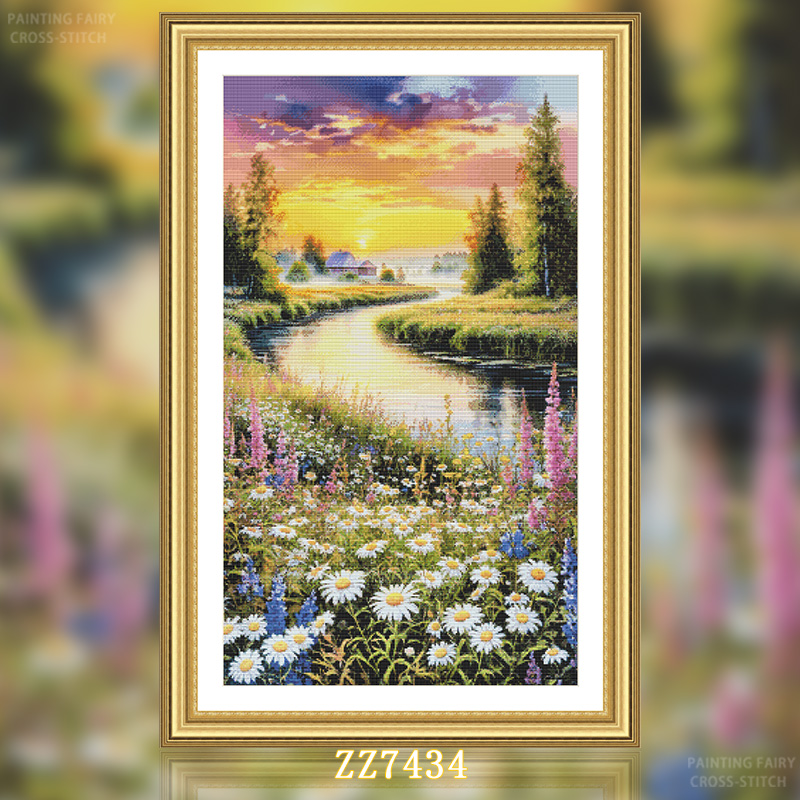 【ZZ7434-夕阳下盛开的花】十字绣2025新款客厅餐厅简单简约风景
