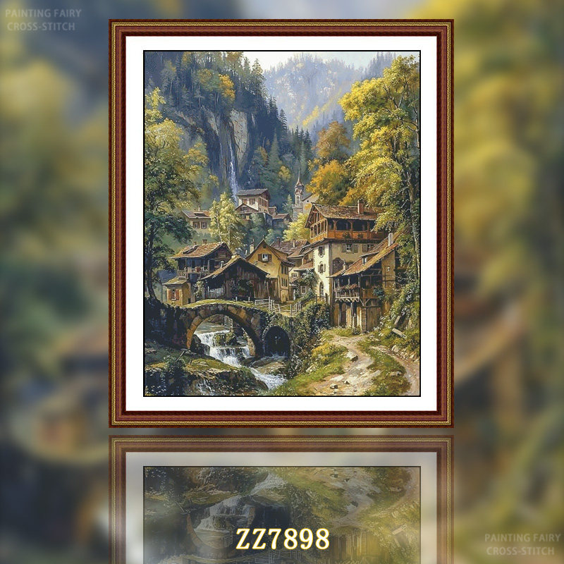 【ZZ7898-山涧小镇】十字绣2026年新款客厅餐厅竖版风景玄关油画