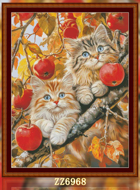 【ZZ6968-苹果猫咪】字绣2025新款线绣客厅竖版动物系列猫猫简约
