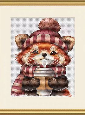 【CC451-喝咖啡的冬天小浣熊】十字绣2025新款自己绣小幅简约新