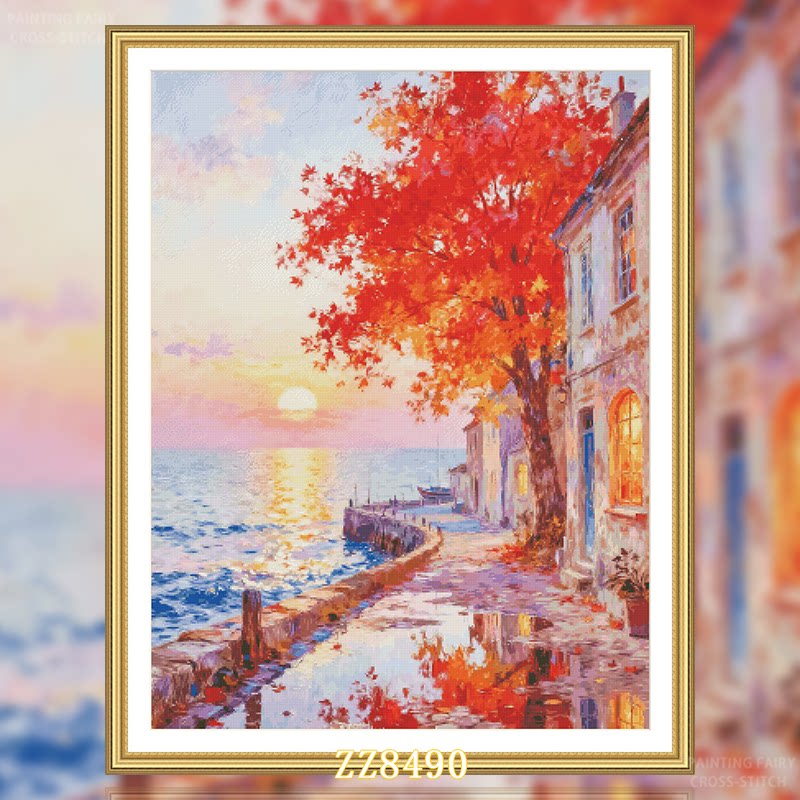 【ZZ8490-秋日夕阳海湾】十字绣2026新款客厅餐厅风景画系列简约