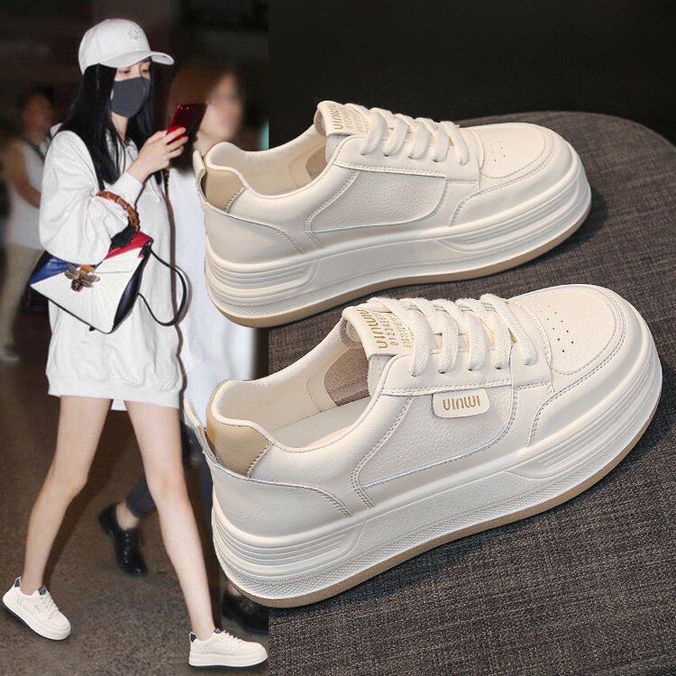 厚底板鞋女2026春秋季新款皮面防滑增高小白鞋系带休闲女鞋F01