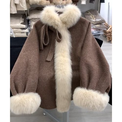 咖色加厚保暖短款毛毛呢子大衣女