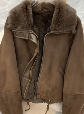 2025新款爆款棕色皮毛一体机车服加厚羊羔毛环保皮草外套女款冬季