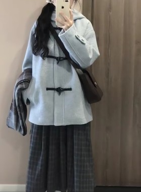 温柔风手工编织牛角扣蓝色连帽毛呢外套女韩版宽松休闲呢子大衣