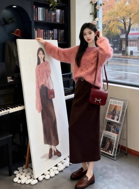 巨好看秋冬穿搭一整套针织套装裙女慵懒风粉色毛衣连衣裙子两件套