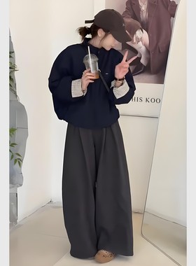 时尚洋气简约百搭休闲风蓝色外套宽松显瘦灰色阔腿裤秋季两件套装