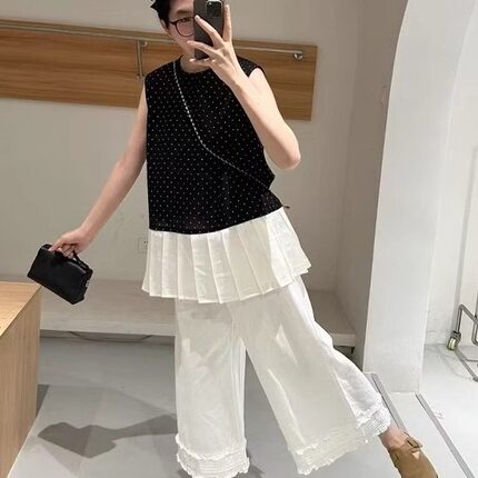 夏季穿搭一整套独特漂亮气质波点无袖拼接上衣花边裤子套装女新款