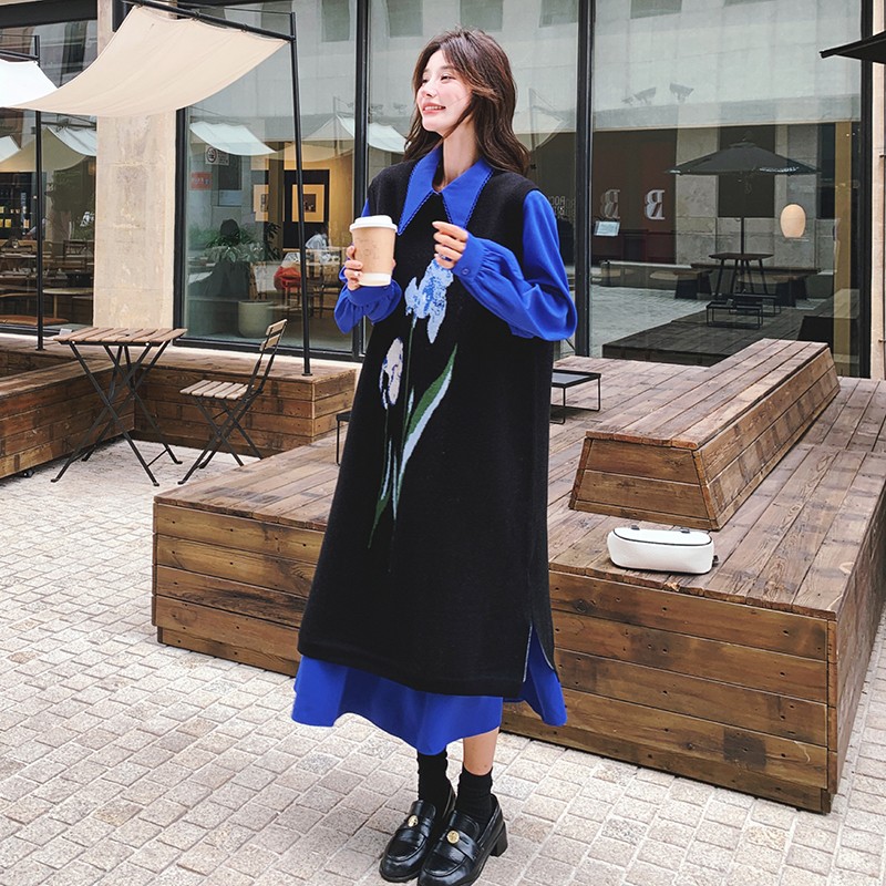 韩系穿搭提花针织叠穿两件套装