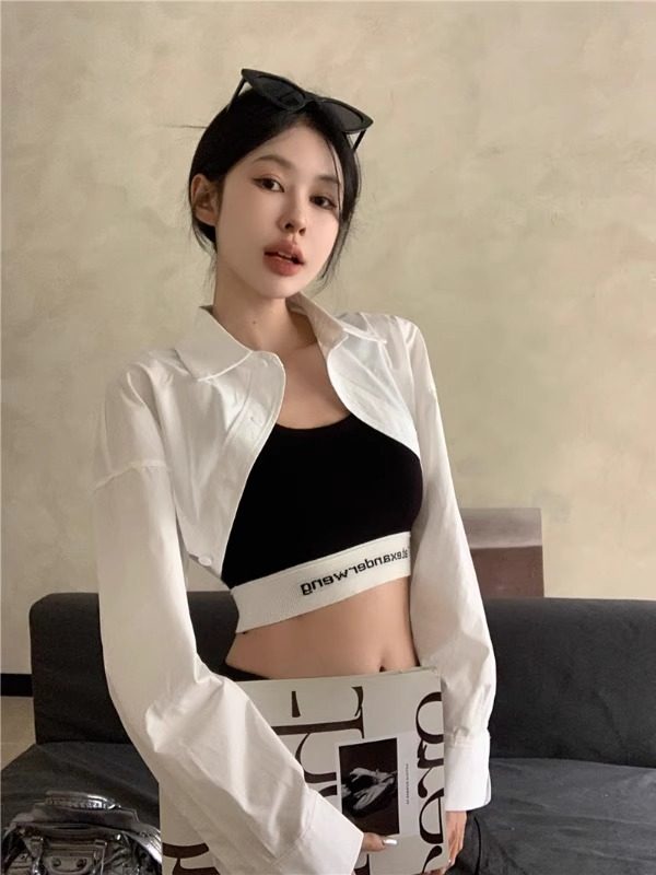 设计感白色长袖polo领衬衫夏季新款正肩短款高腰小众衬衣外套上衣,女装/女士精品,衬衫,淘宝优惠券,粉丝福利购,淘宝优惠卷