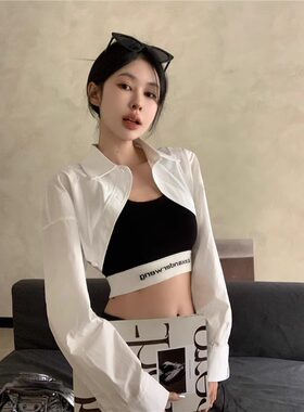 设计感白色长袖polo领衬衫夏季新款正肩短款高腰小众衬衣外套上衣