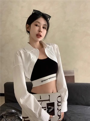 设计感白色长袖polo领衬衫夏季新款正肩短款高腰小众衬衣外套上衣