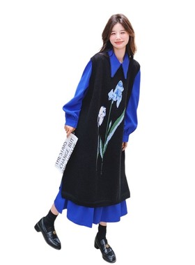 法式宽松蓝色宽松衬衫裙设计黑色印花针织长裙新款两件套连衣裙秋