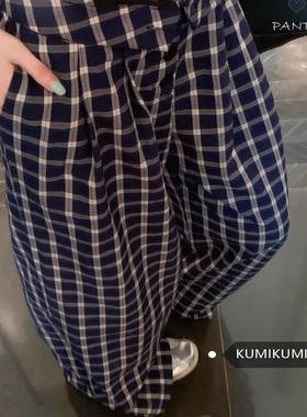 蓝色复古格子休闲裤阔腿裤女早秋高腰慵懒风宽松格纹裤直筒裤长裤