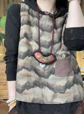 文艺复古晕染印花无袖坎肩夹棉马甲女时尚宽松百搭背心B23