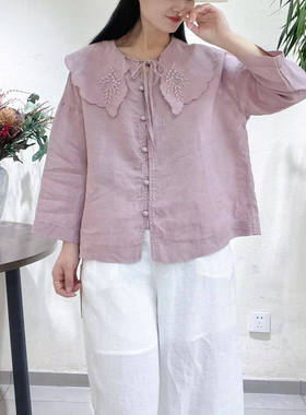 纯苎麻钩花拼减龄娃娃领单排扣休闲衬衫夏季新款文艺长袖衬衣E34
