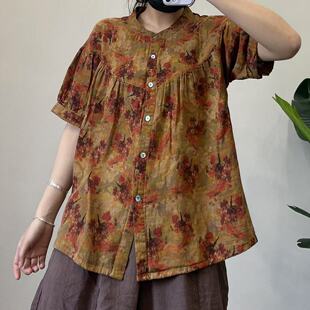 炒色麻纱数码印花单排扣休闲衬衣女文艺复古宽松百搭短袖衬衫D25
