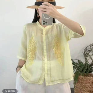 襯衫 精致重工珠繡苧麻襯衣女夏季 薄款 休閑單排扣時(shí)尚 潮C23