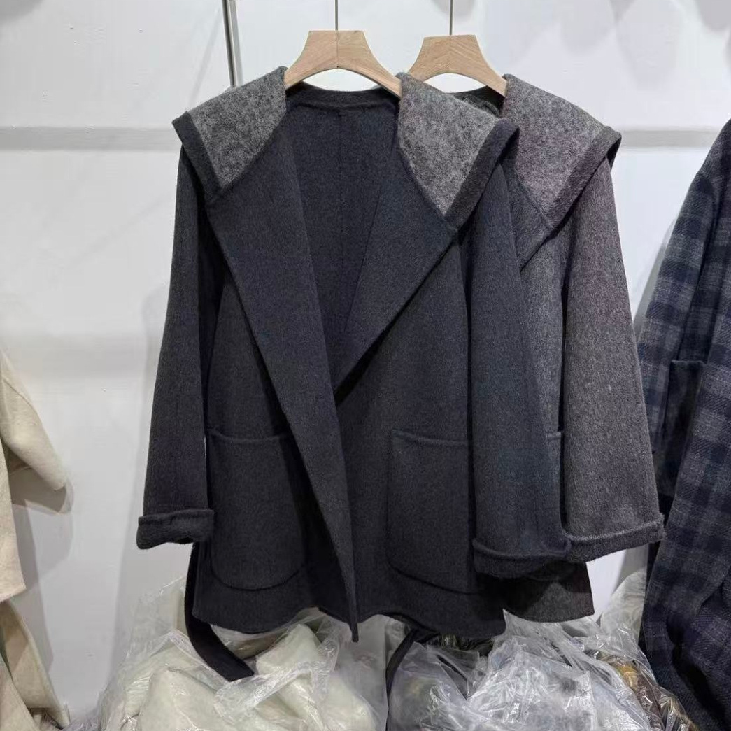 减龄时尚休闲大翻领撞色羊绒大衣宽松百搭双口袋保暖上衣