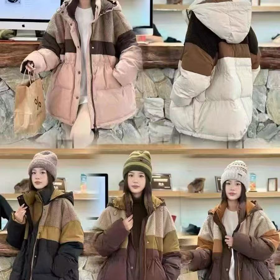 设计感羊羔毛拼接时尚撞色羽绒服女中长款连帽保暖外套潮1209