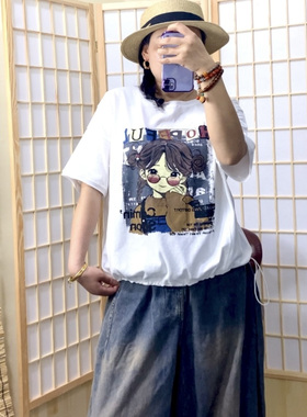 新款时尚卡通印花T恤女文艺纯色宽松百搭圆领套头上衣潮F24