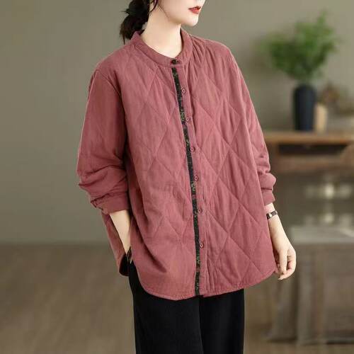 菱形格纹单排扣休闲加棉棉服女复古文艺宽松百搭纯色上衣J33