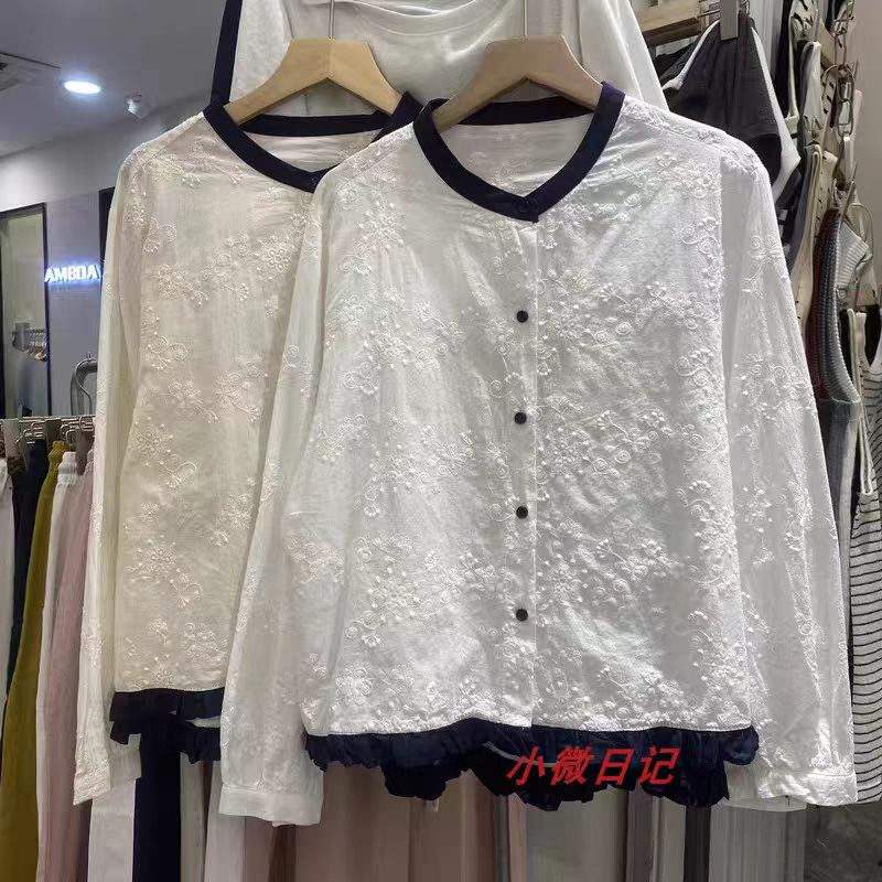 洋气时尚撞色圆领刺绣短袖衬衫女新款宽松百搭休闲上衣B45 黄袋