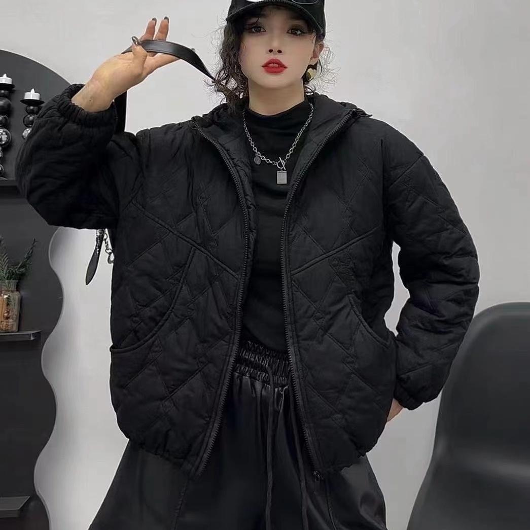 连帽休闲菱格棉衣外套