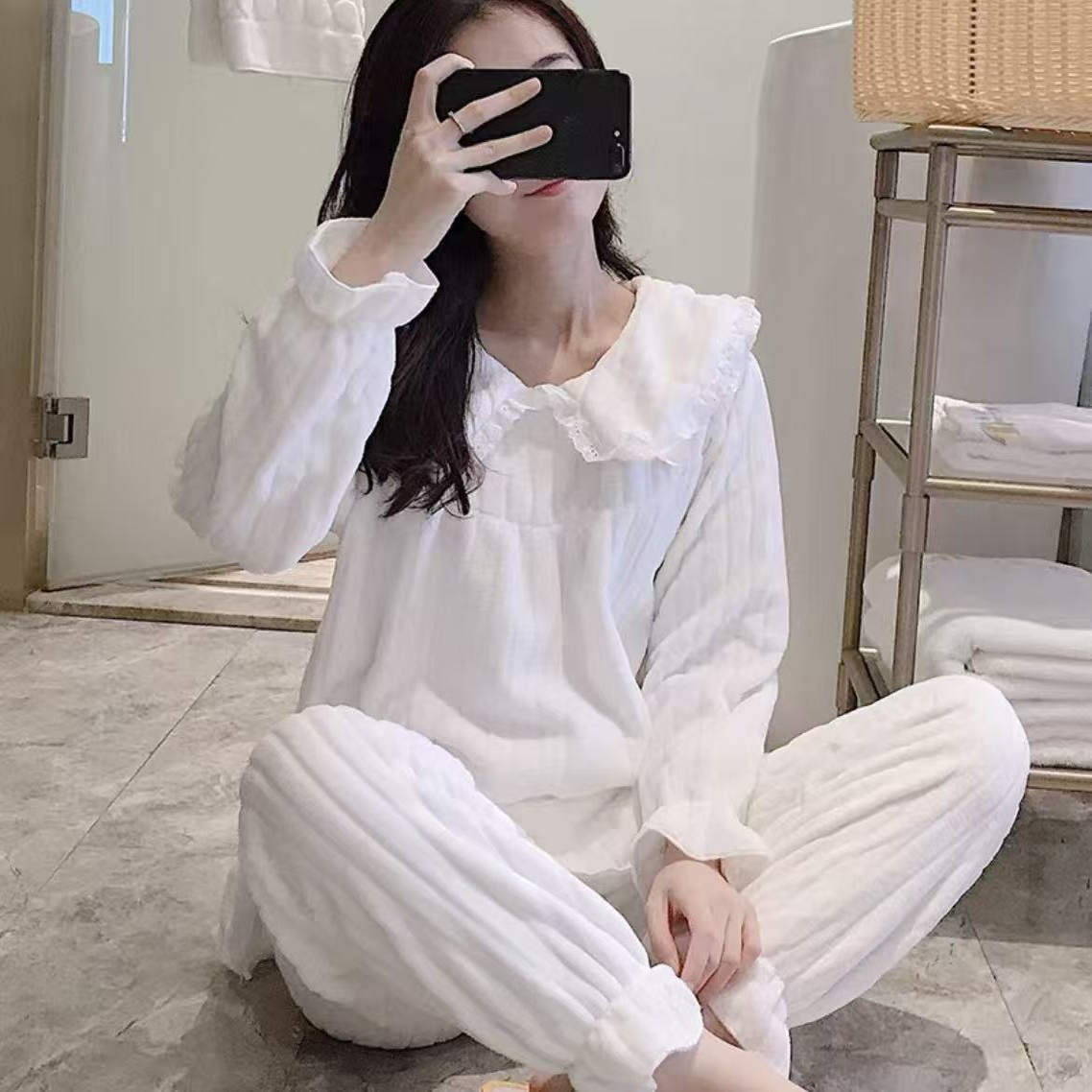 珊瑚绒睡衣套装女冬季加厚保暖减龄娃娃领花边家居服套装