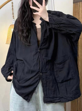 砂洗炒色做旧立领系扣西装外套女文艺复古百搭休闲上衣K45