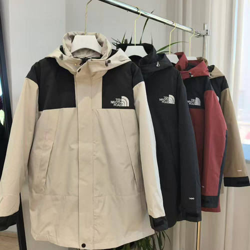 个性拼色中长款连帽休闲冲锋衣羽绒服可脱卸羽绒内胆防风外套K33