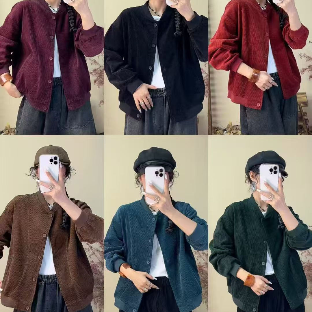 文艺复古灯芯绒休闲棒球服领外套女宽松百搭单排扣上衣I34