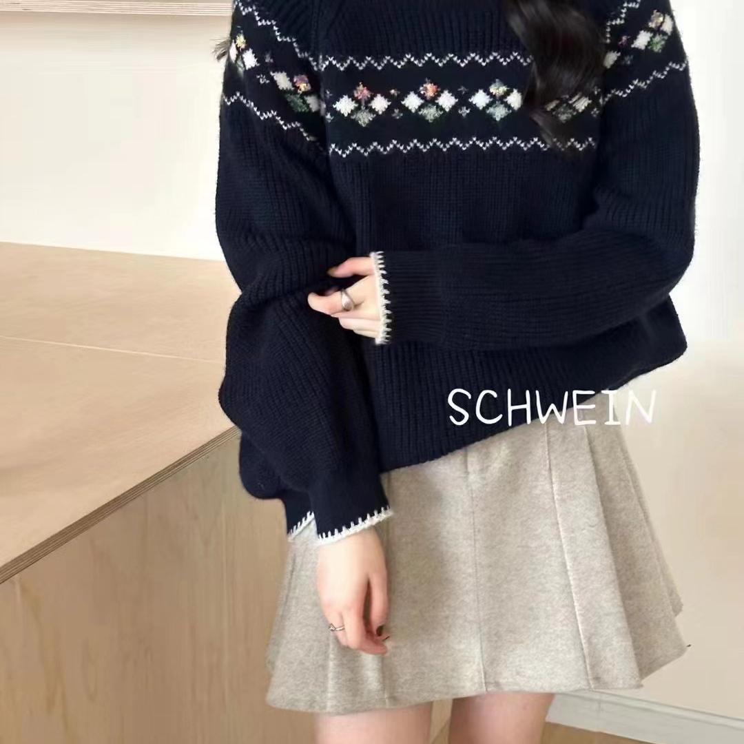 韩版时尚撞色针织花纹圆领毛衣女新款减龄休闲套头针织衣B14